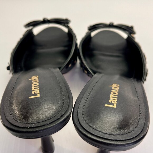 Larroude Jasmine Black Studded Leather Mule Size 8 Peep Toe Heel Slip-On - Picture 16 of 16